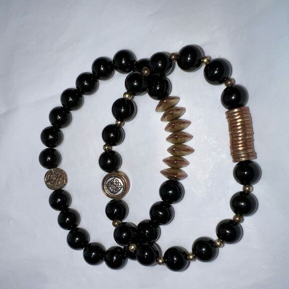 Jane Marie Set of Two Black Glass Bead and Vintage Gold Tone Stretch Bracelets - Picture 6 of 8